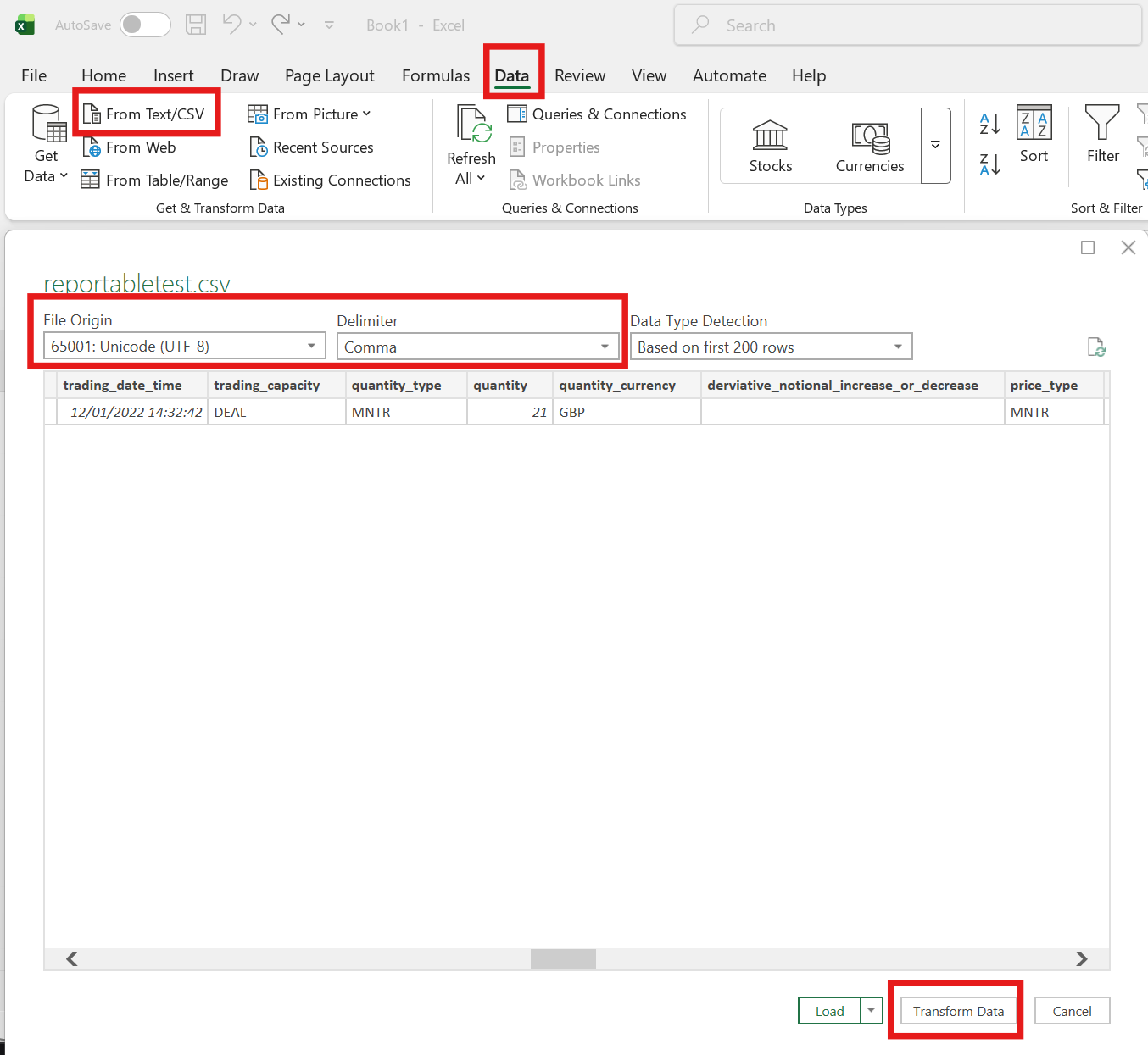 Use Transform Data instead of Load when importing CSV files in Excel